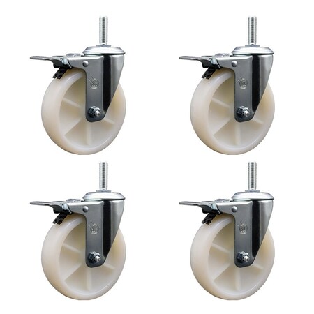 Service Caster 5 Inch Nylon Swivel 58 Inch Threaded Stem Caster Set with Total Lock Brake SCC-TSTTL20S514-NYS-58212-4
